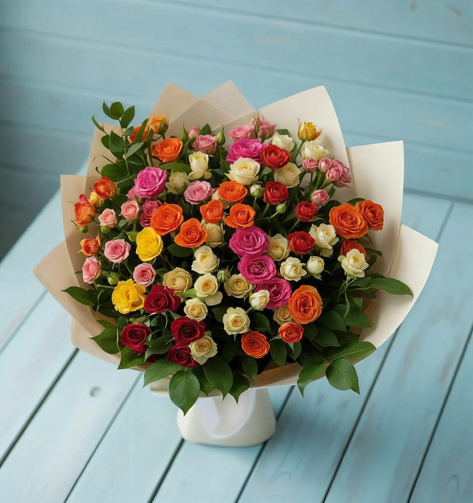 Букет Микс из разноцветных кустовых роз в Воскресенском новая Москва