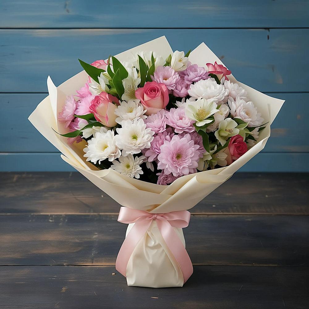 Букет цветов из: Хризантемы, Альстромерии и Розы в Воскресенском новая Москва